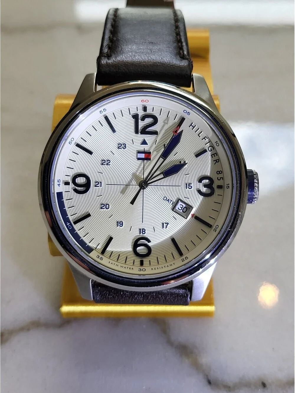 Tommy Hilfiger Cream Dial Brown Leather Men’s Watch Silver Case Date EUC Works